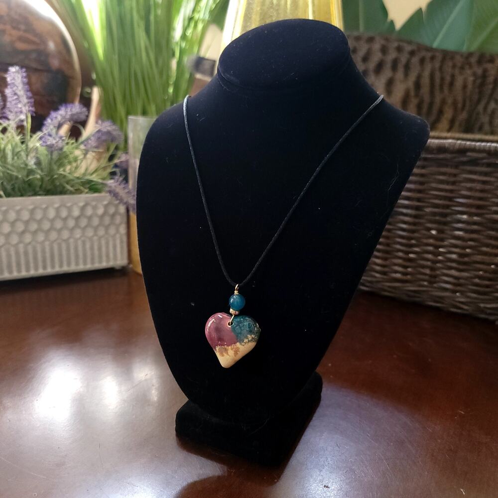 Vintage Heart Pendant Necklace with Multicolor Stone and Teal Bead on Black Cord